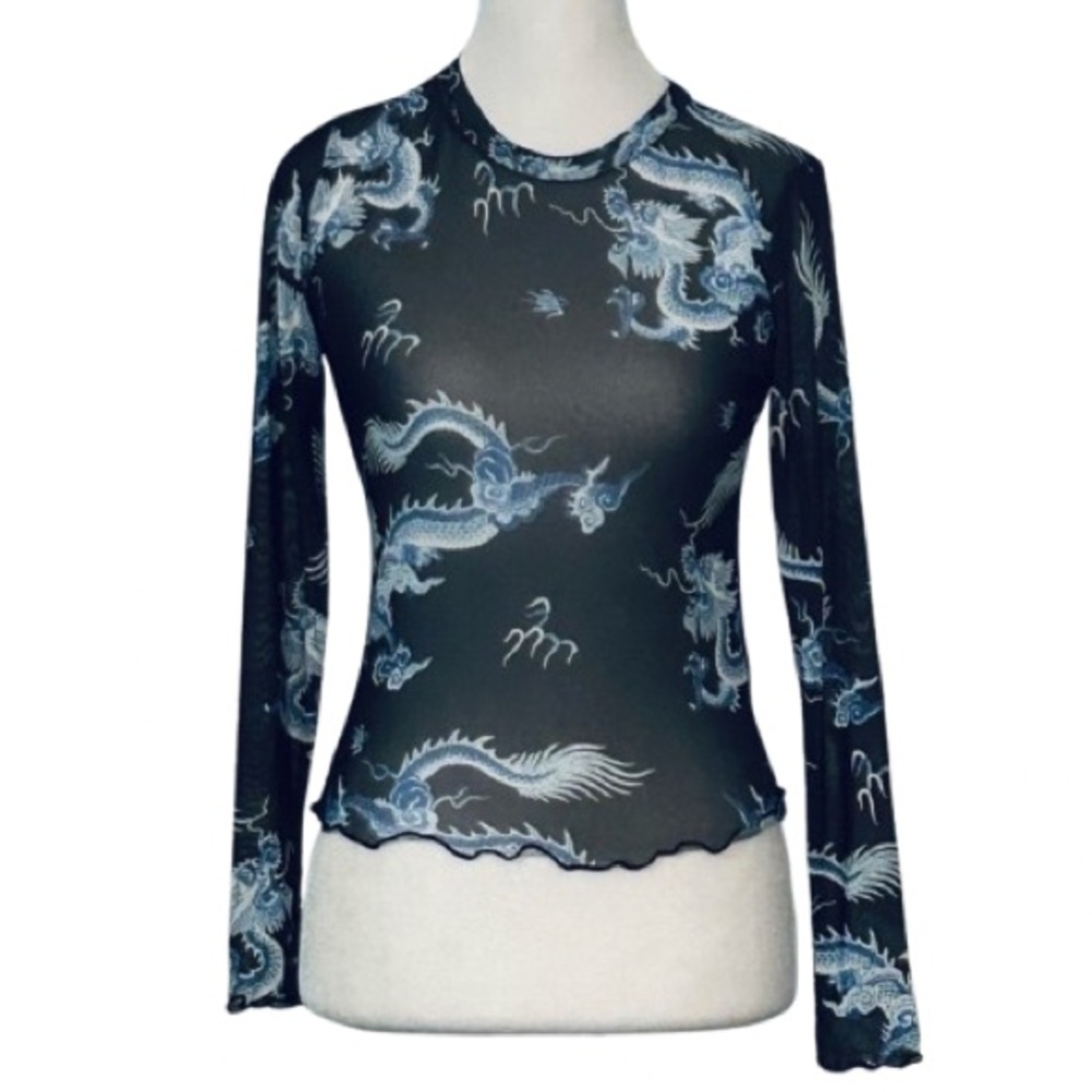 Mesh Dragon ROCK ROSE COUTURE Black Sheer Mesh Illusion Print Top Shirt Small
